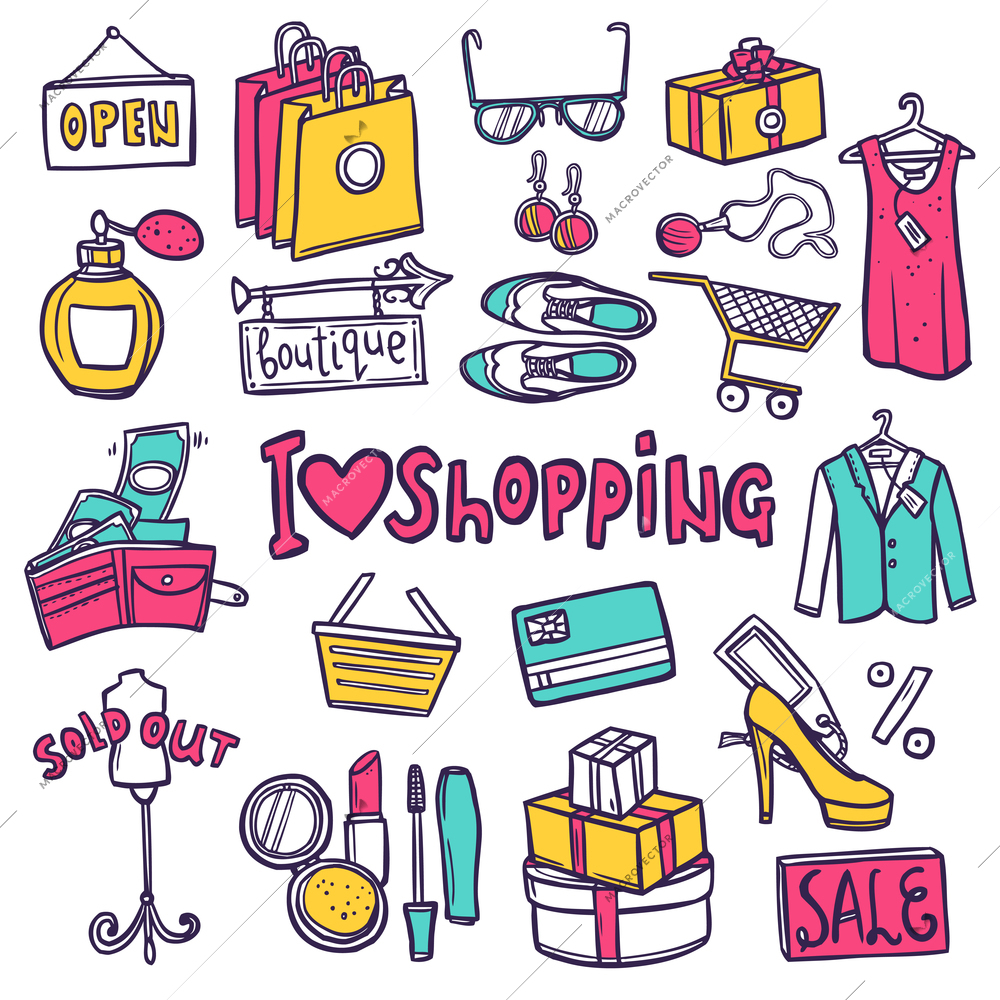 Shopping hand drawn decorative icons set with commerce symbols isolated vector illustration