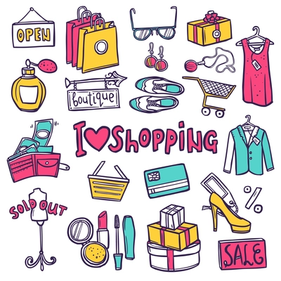 Shopping hand drawn decorative icons set with commerce symbols isolated vector illustration