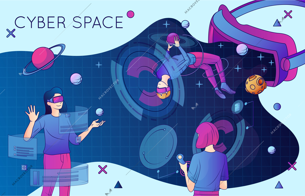 Cyberspace flat poster with people experiencing space exploration using virtual reality headset vector illustration