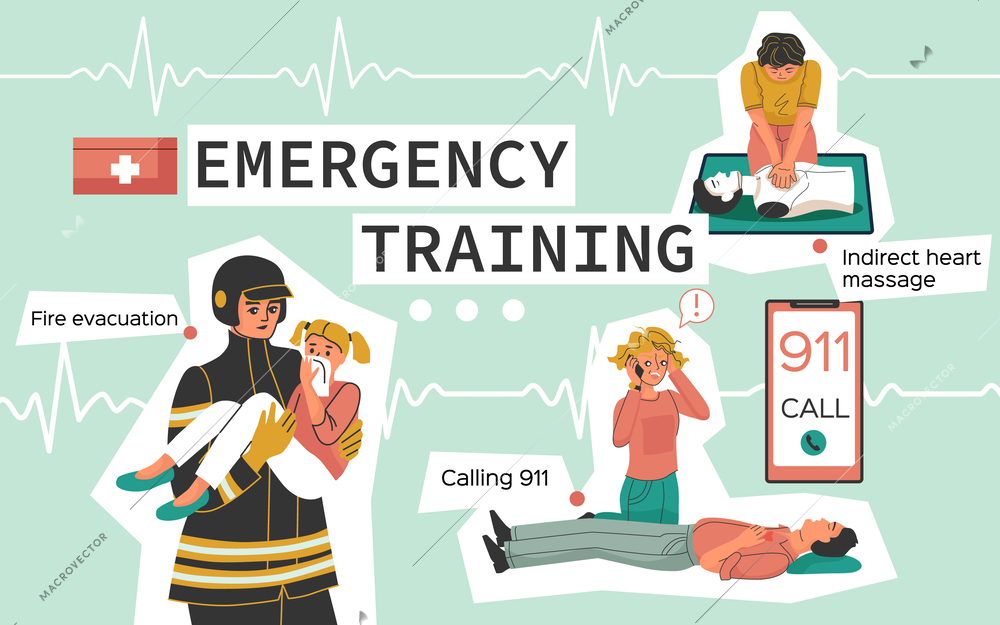 Emergency training collage with heart massage symbols flat vector illustration