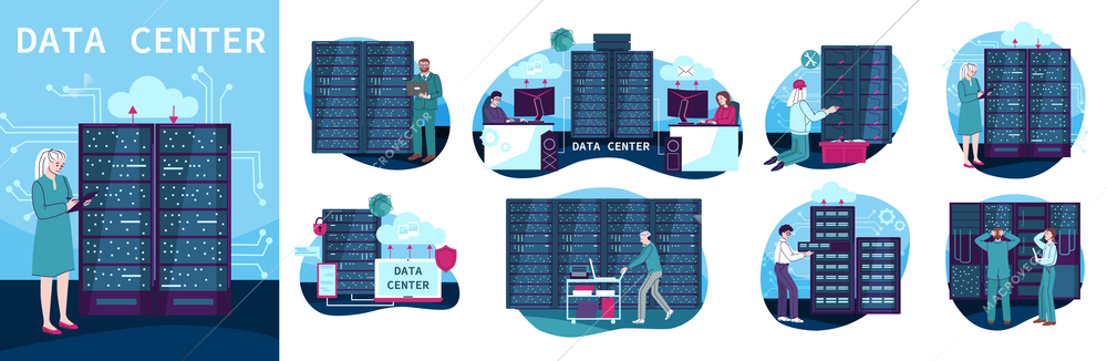 Data center composition with network equipment symbols flat isolated vector illustration