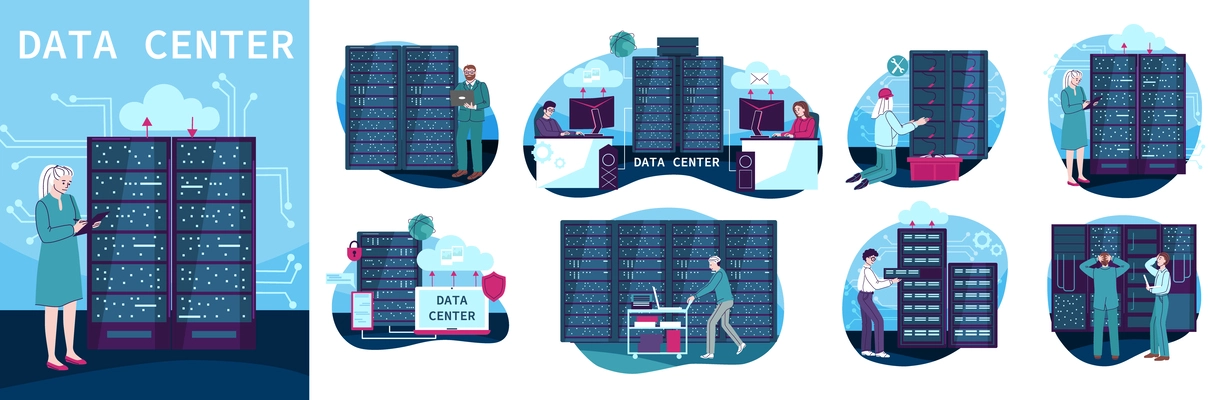 Data center composition with network equipment symbols flat isolated vector illustration