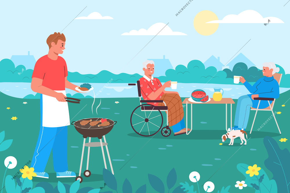 Family picnic flat concept with man and his elderly parents having bbq on lake shore vector illustration