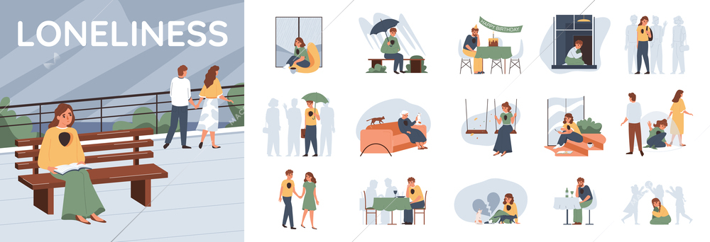 Loneliness solitude composition with walking couple and single woman sitting on bench with isolated icons scenes vector illustration