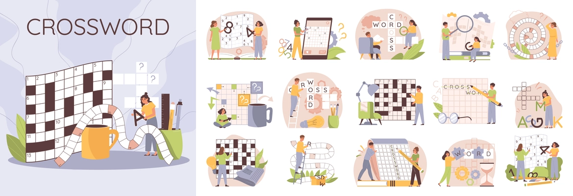 Crossword sudoku flat composition with papers coffee cup pens pencils and text with set of icons vector illustration