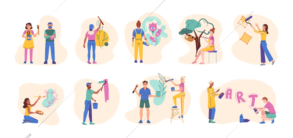 Mural artist flat set of isolated icons with characters of young people painting walls creating artworks vector illustration