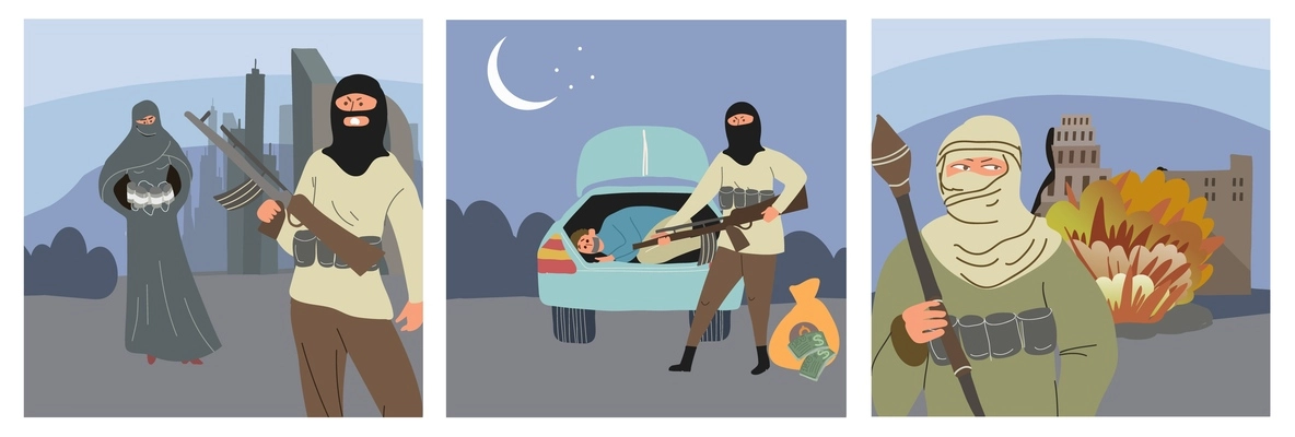 Terrorism terror flat set of three square compositions with islamic suicide bombers and gunmen outdoor scenes vector illustration