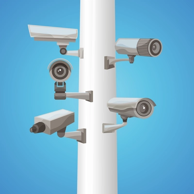 Realistic surveillance video camera on pillar on blue background vector illustration