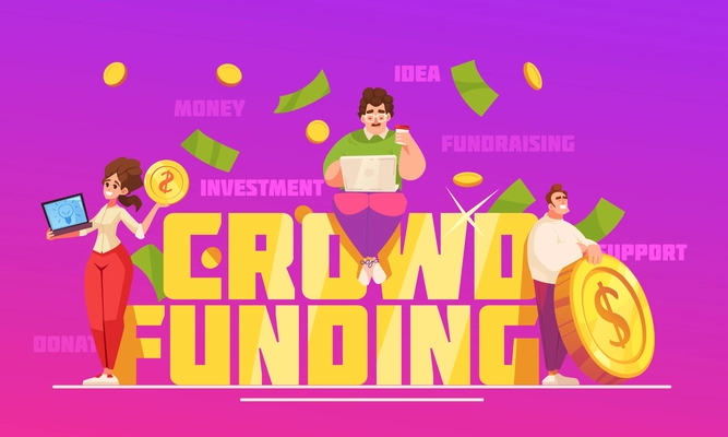 Crowdfunding flat concept with perspective startup and contributor characters vector illustration