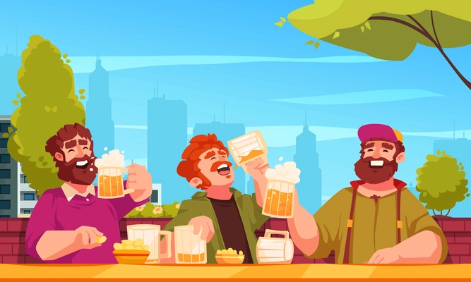 Beer cartoon poster with happy males drinking outdoors vector illustration