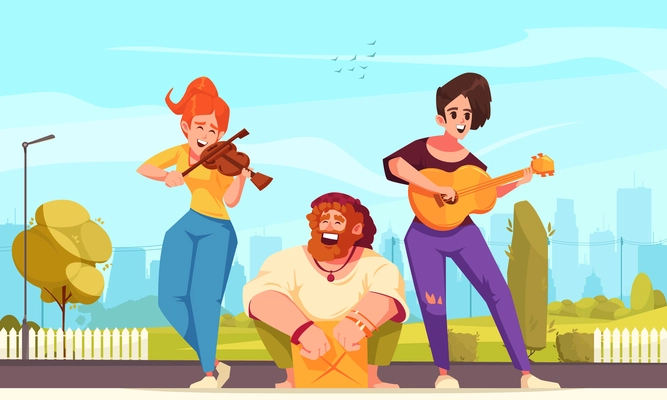 Street musicians cartoon poster with happy gang playing strings outdoors vector illustration