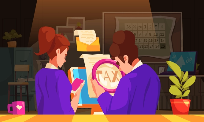 Tax service cartoon concept with people reading financial bills vector illustration