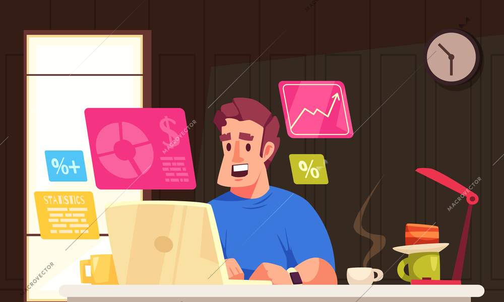 Stock market cartoon composition with male broker looking into laptop computer vector illustration