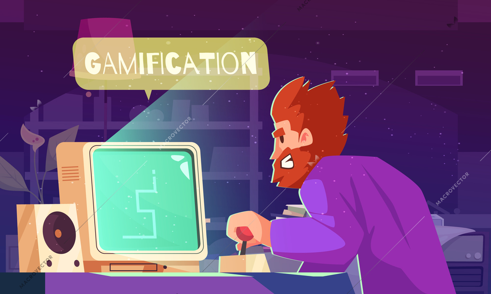 Gamification cartoon concept with man playing on desktop computer vector illustration