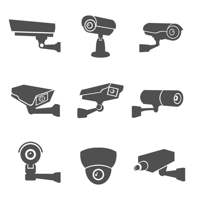 Digital surveillance camera black flat icons set isolated vector illustration