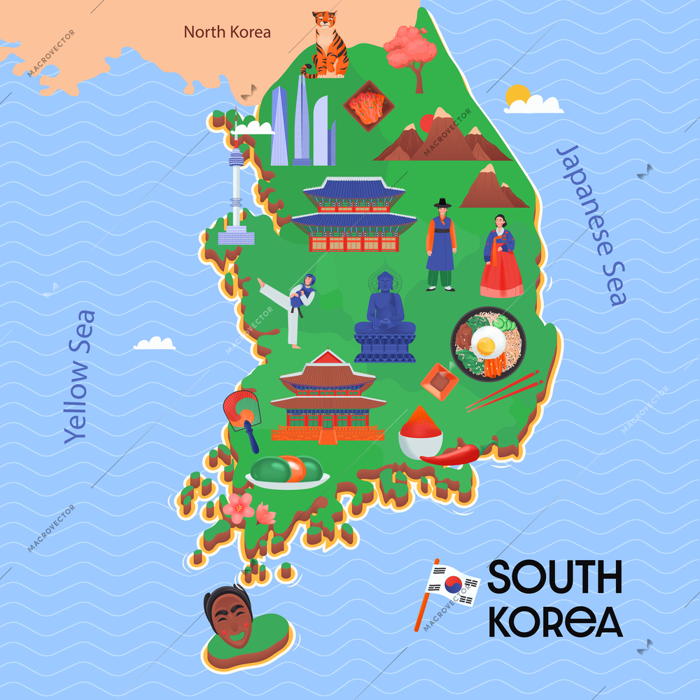 South korea map composition with map with the main attractions of the country in form of icons vector illustrations