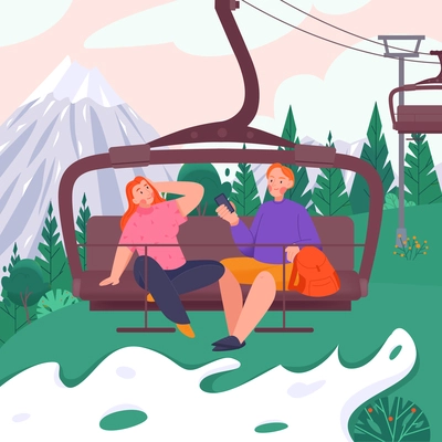 Colored landscape cableway composition two girls going up on the cable car vector illustration