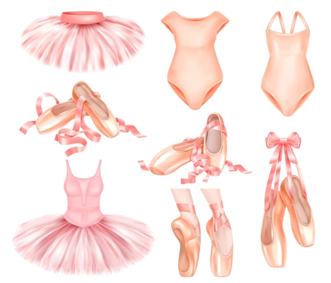 Realistic set of elegant ballet tutu skirts boots and bodysuit isolated on white background vector illustration