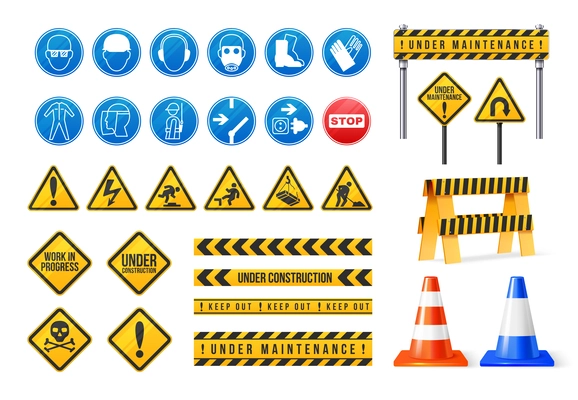 Warning safety construction signs and barriers realistic set isolated on white background vector illustration
