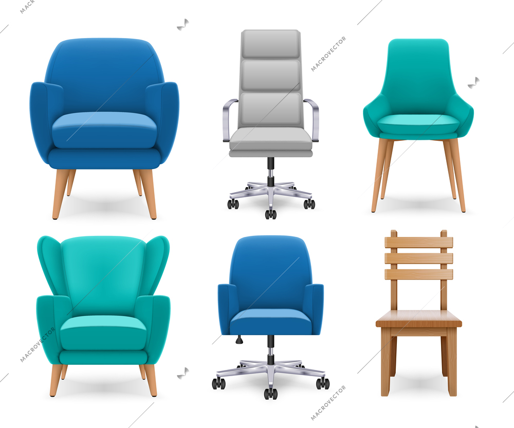 Realistic set of soft and wooden chairs and armchairs isolated on white background vector illustration