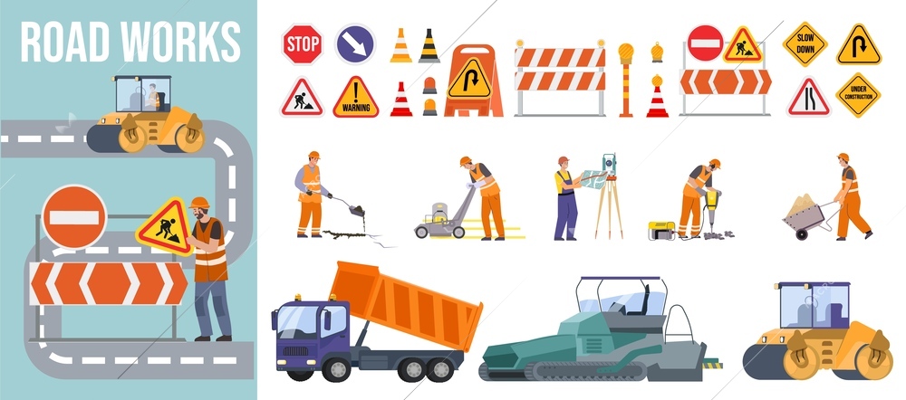Road repair flat composition consisting of heavy equipment road signs and people performing geodetic and road works vector illustration