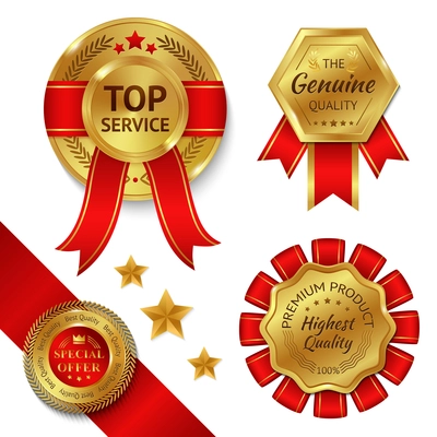 Top service awards premium quality ribbons and gold medals set isolated vector illustration