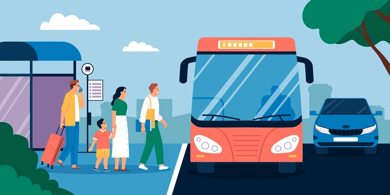 Happy people with luggage getting on bus at shelter stop flat vector illustration