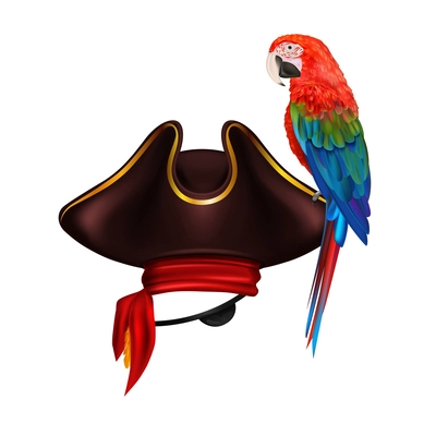 Realistic composition with colorful tropical parrot sitting on vintage pirate hat isolated image on blank background vector illustration