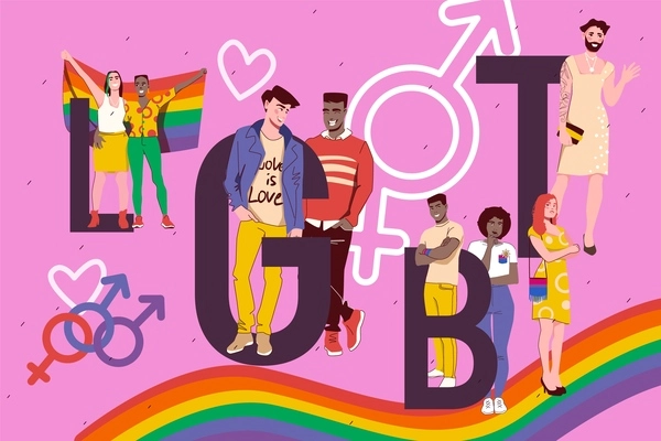 Lgbt community bright color collage with homosexual men and woman vector illustration