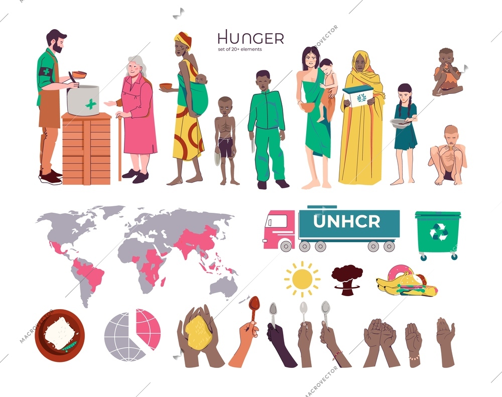 Hunger food crisis flat set with isolated icons of world map and holding hands of color vector illustration