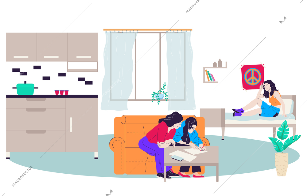 Student dormitory with studies and working symbols flat vector illustration