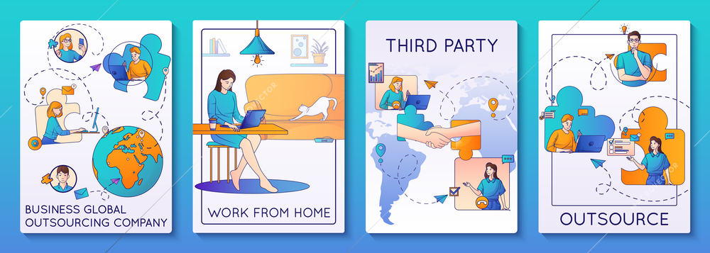 Outsourcing flat posters illustrating third party and work from home in global company isolated vector illustration