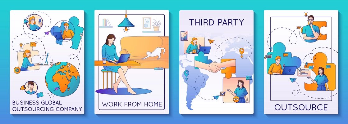 Outsourcing flat posters illustrating third party and work from home in global company isolated vector illustration