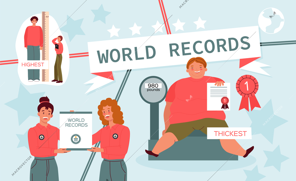 World records flat composition with collage of flat human characters holding placards with pictograms of stars vector illustration