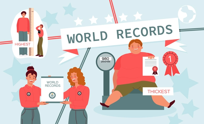 World records flat composition with collage of flat human characters holding placards with pictograms of stars vector illustration