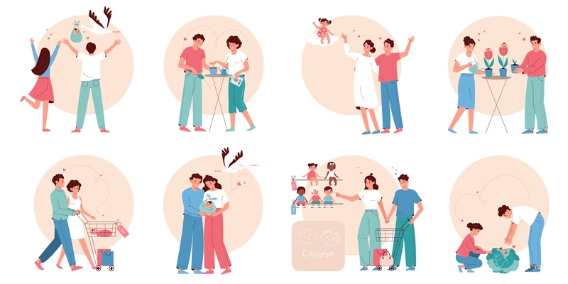 Children birth flat set of happy parents finding baby in different funny places isolated vector illustration