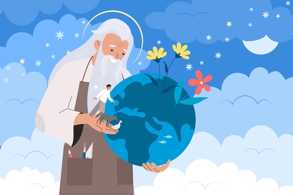 Earth theory flat concept with caring god character creating our world vector illustration