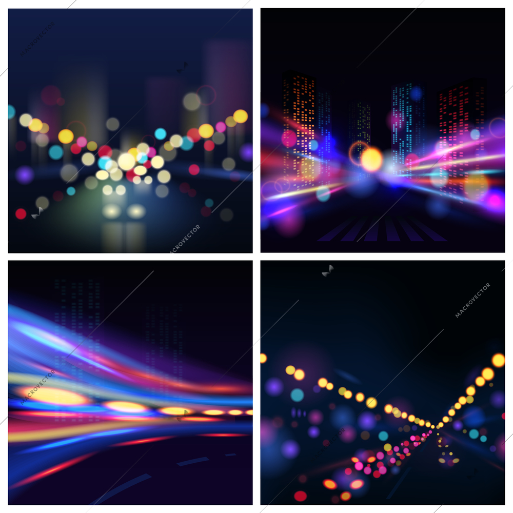 Night illuminated city blur backgrounds set with traffic lights isolated vector illustration