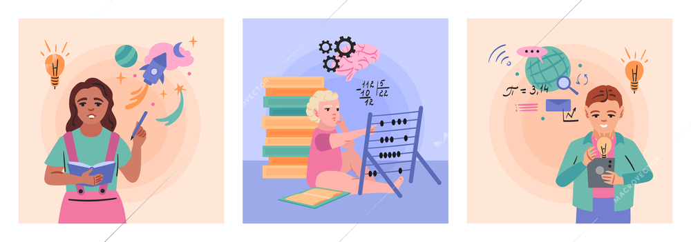 Genius prodigy flat set of isolated square compositions showing baby and teenagers beyond digits and gears vector illustration