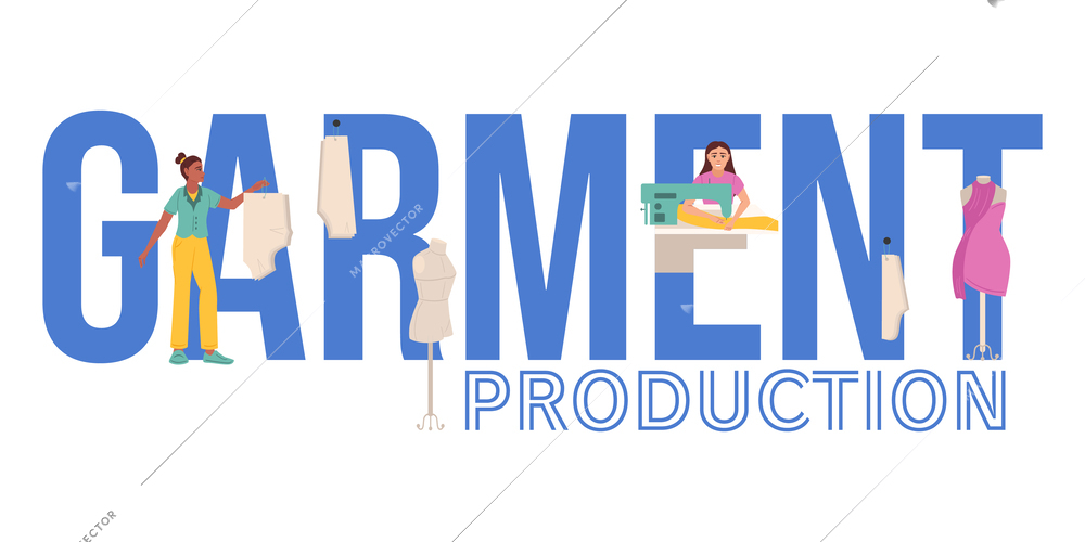 Garment production composition of flat text and icons of mannequins sewing machine and characters of tailors vector illustration