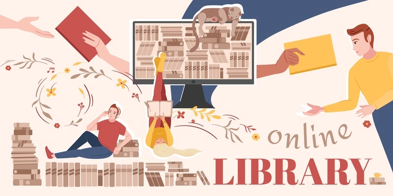 Online library composition with collage of flat icons book rows on computer screen with ornate text vector illustration