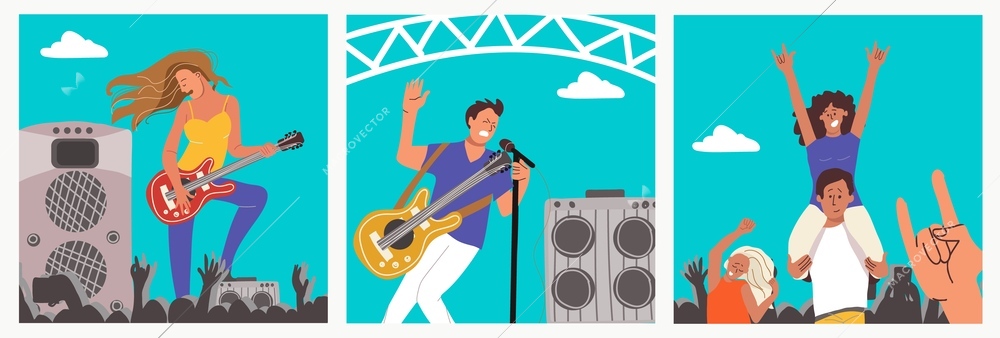 Rock music concert flat set with musicians on stage and audience isolated vector illustration