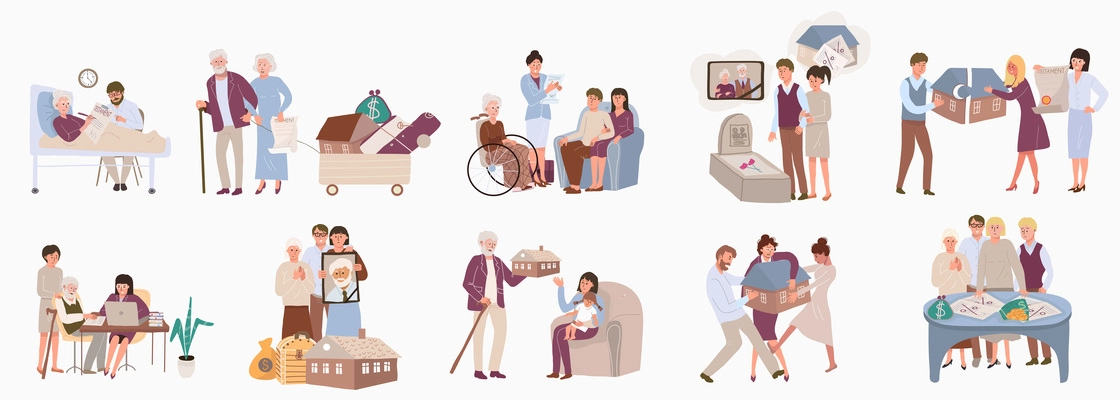 Inheritance flat set of people get property after relatives death and aged men and women bequeath to family isolated vector illustration