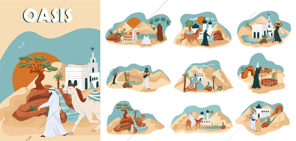 Oasis flat composition set with plants buildings people and animals in desert isolated vector illustration