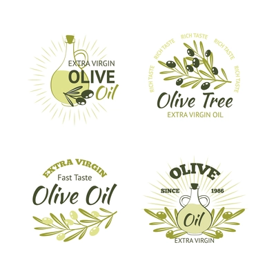 Natural organic olive oil emblems set with tree branches isolated vector illustration