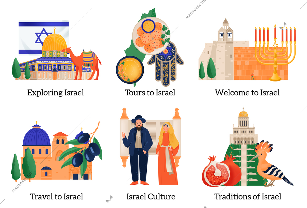 Exploring israel flat compositions set with culture architecture cuisine nature symbols isolated vector illustration