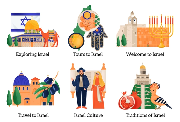 Exploring israel flat compositions set with culture architecture cuisine nature symbols isolated vector illustration