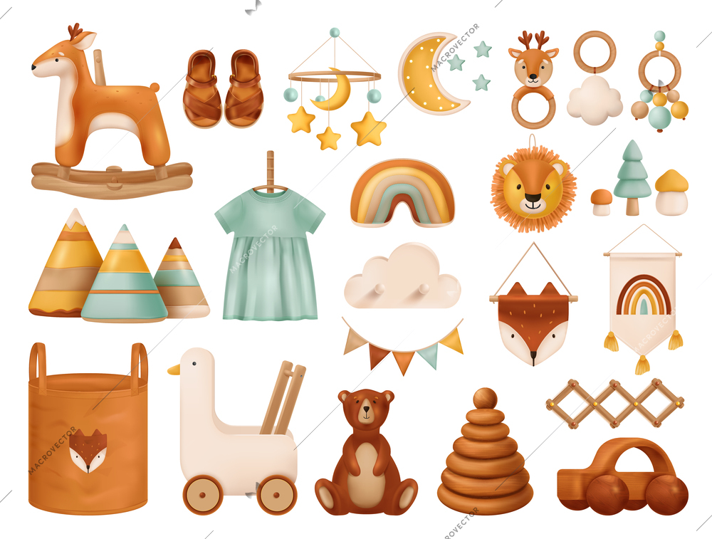 Realistic set of baby toys clothes and accessories in boho style isolated vector illustration