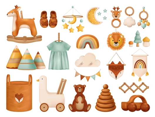 Realistic set of baby toys clothes and accessories in boho style isolated vector illustration