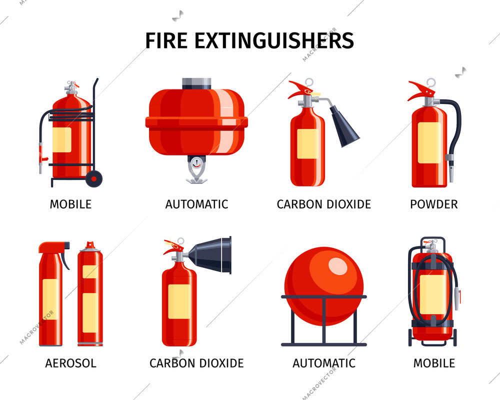 Fire extinguisher set of isolated icons with editable text captions and images of various extinguisher types vector illustration
